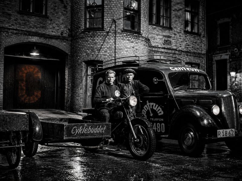 Centrum Gruppen 1950 - Nimbus motorcykel med Cyklebuddet-trailer og varevogn foran C-logo i Horsens