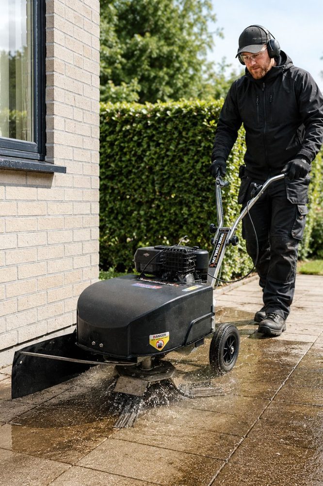 Fliserenser leje – professionel terrasserenser fjerner alger og snavs fra fliser i Horsens